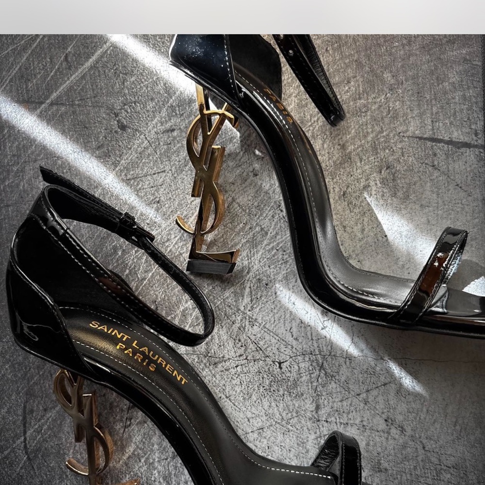 Saint Laurent Black Patent Heels with Gold Monogram